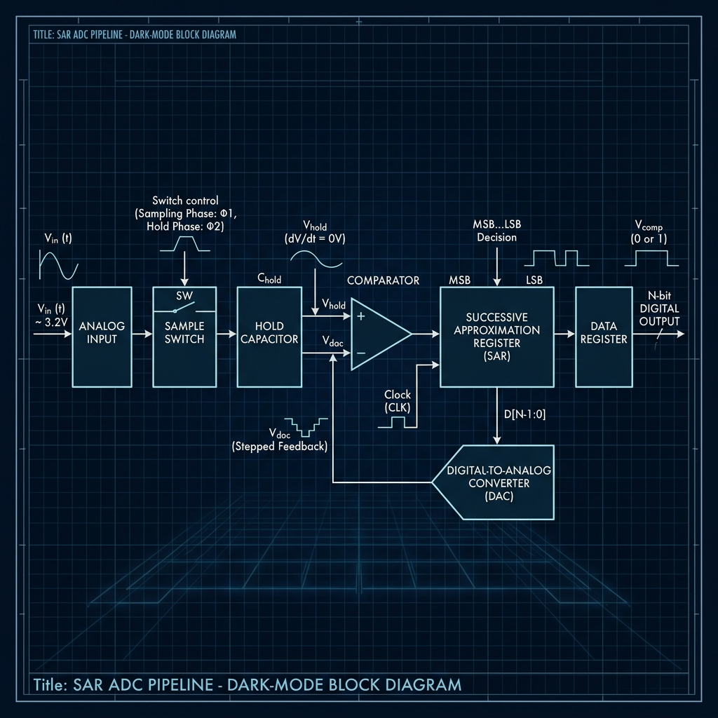 SAR ADC hardware blocks: Sample switch, Hold capacitor, Comparator, and SAR register