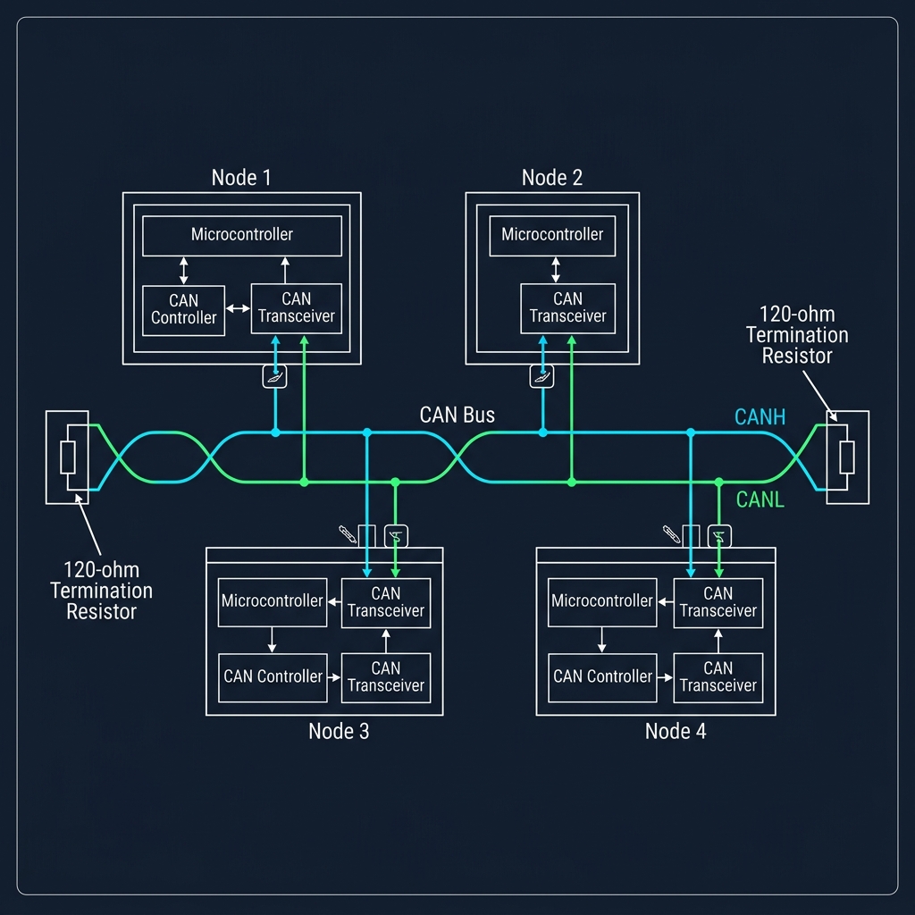 CAN Network Topology showing CANH and CANL twisted pair with nodes and transceivers