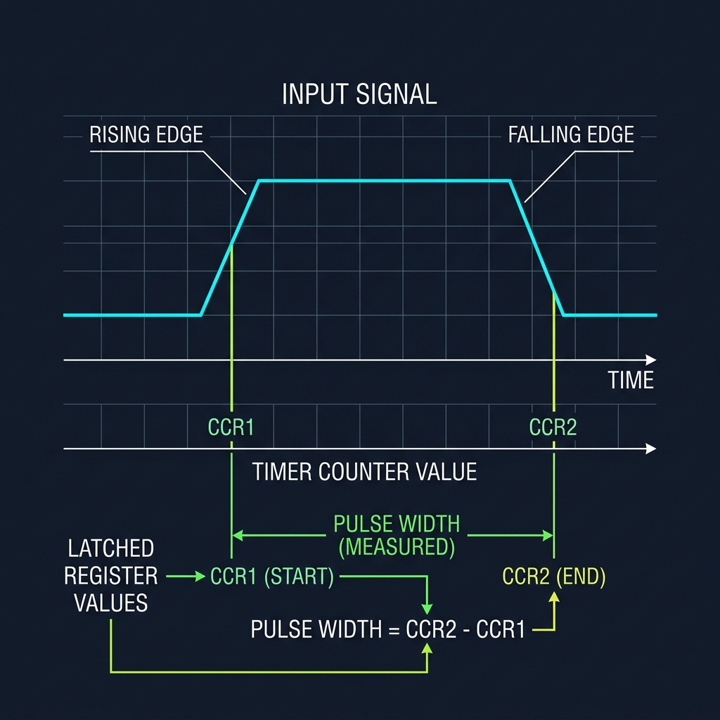 Timer Input Capture timing showing CCR latching at rising/falling edges to measure width