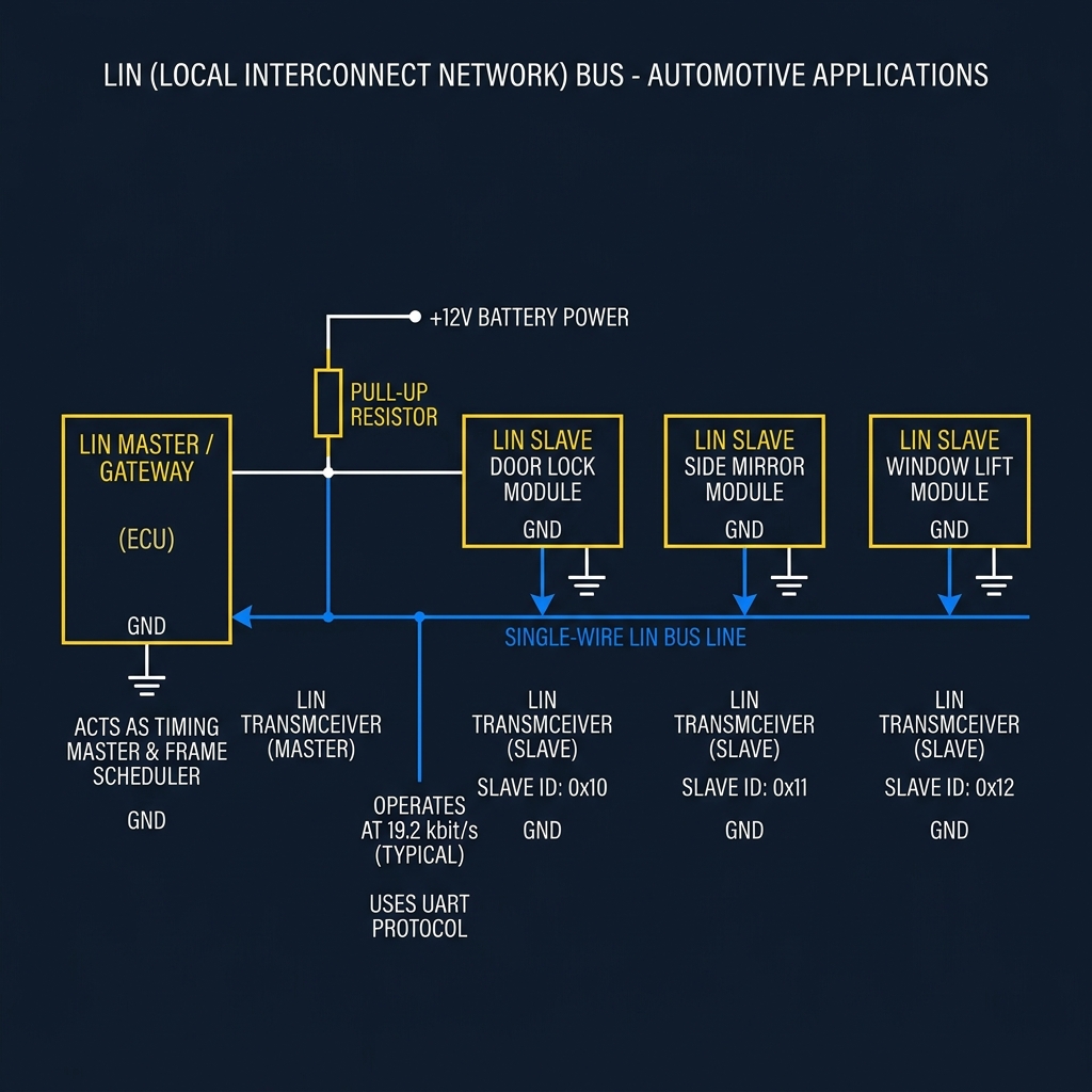 LIN single-wire network topology with Master node, slave modules, and 12V pull-up