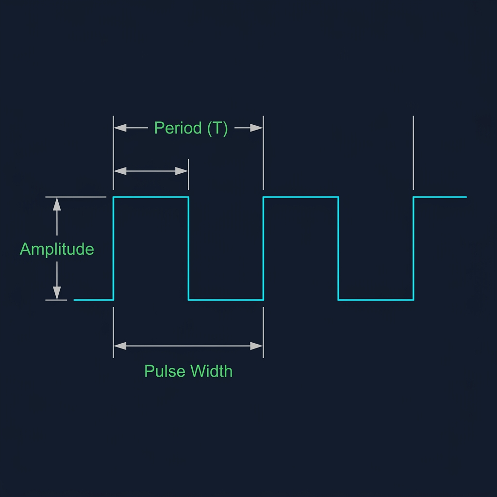 PWM Waveform showing Period, Pulse Width, and Amplitude