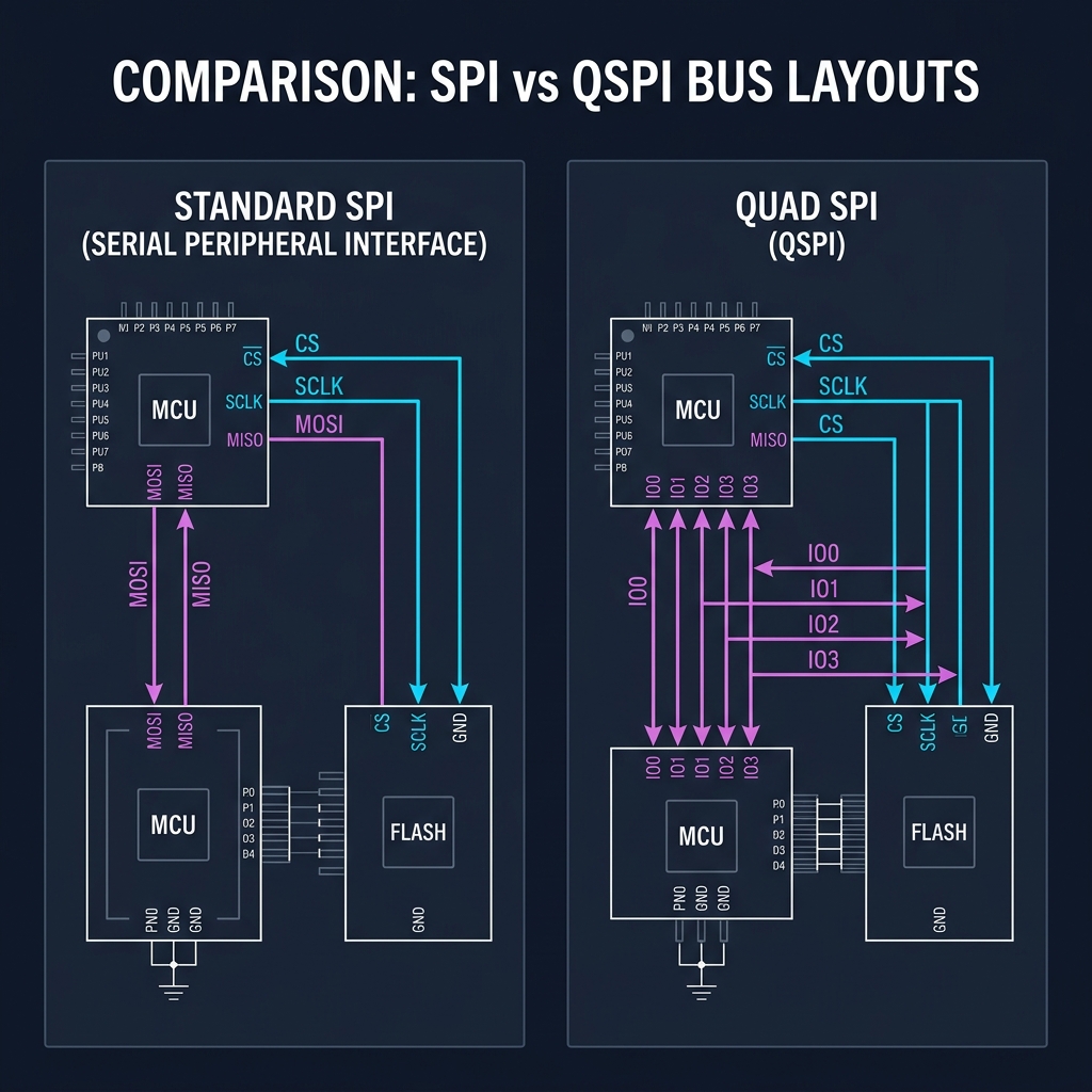 Standard SPI (4 wires) vs Quad SPI (6 wires showing IO0-IO3 bidirectional lines)