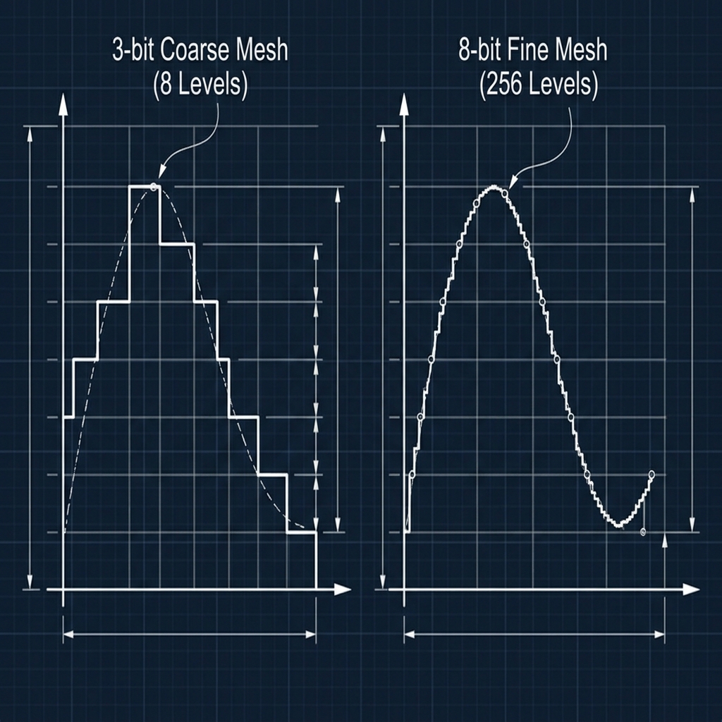 Comparison of grid density for 3-bit vs 8-bit resolutions