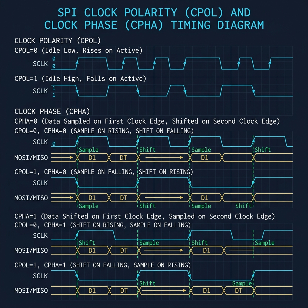 SPI Timing Diagram illustrating CPOL and CPHA configuration modes