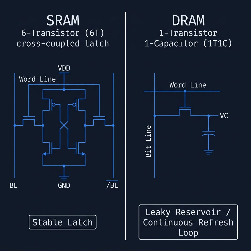 SRAM 6T vs DRAM 1T1C circuit diagram